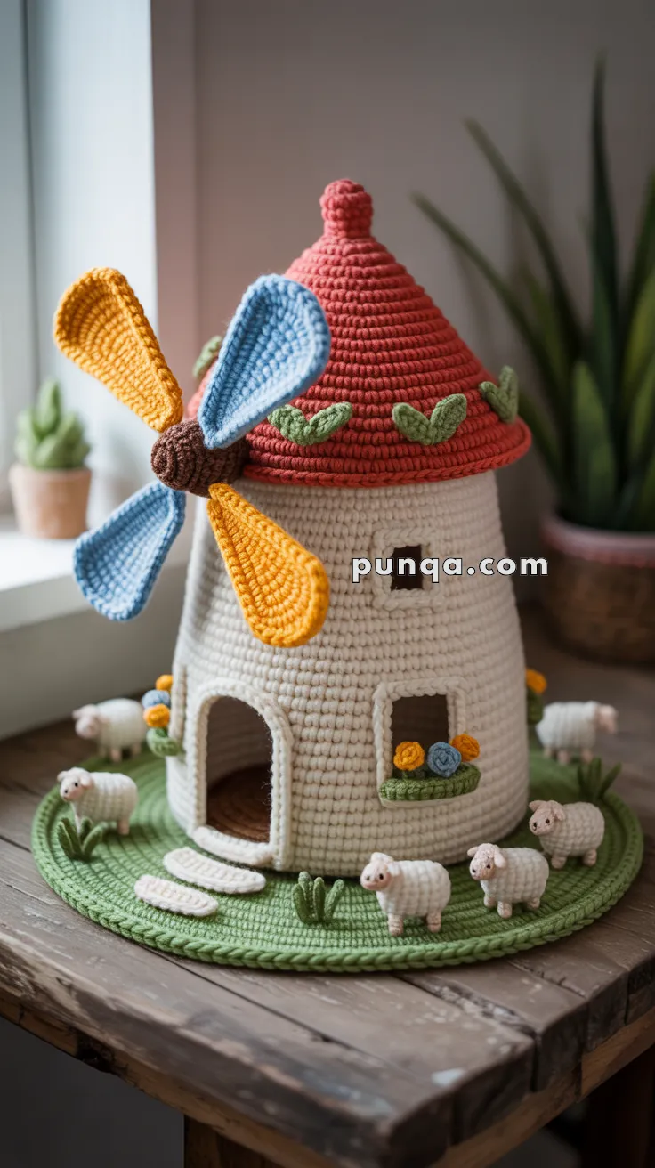 A crocheted decorative windmill with a red roof and colorful blades, surrounded by small crocheted sheep and floral details, placed on a wooden surface near a window.