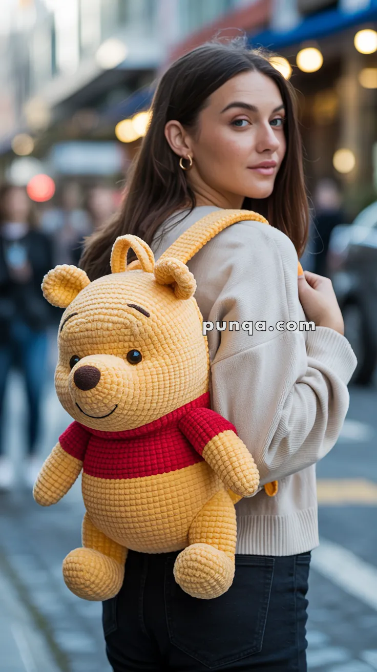 A young woman with brown hair is wearing a Winnie the Pooh backpack while standing on a city street. The backpack features a plush design with Pooh's iconic yellow body and red shirt. The background shows a blurred view of urban buildings and pedestrians.