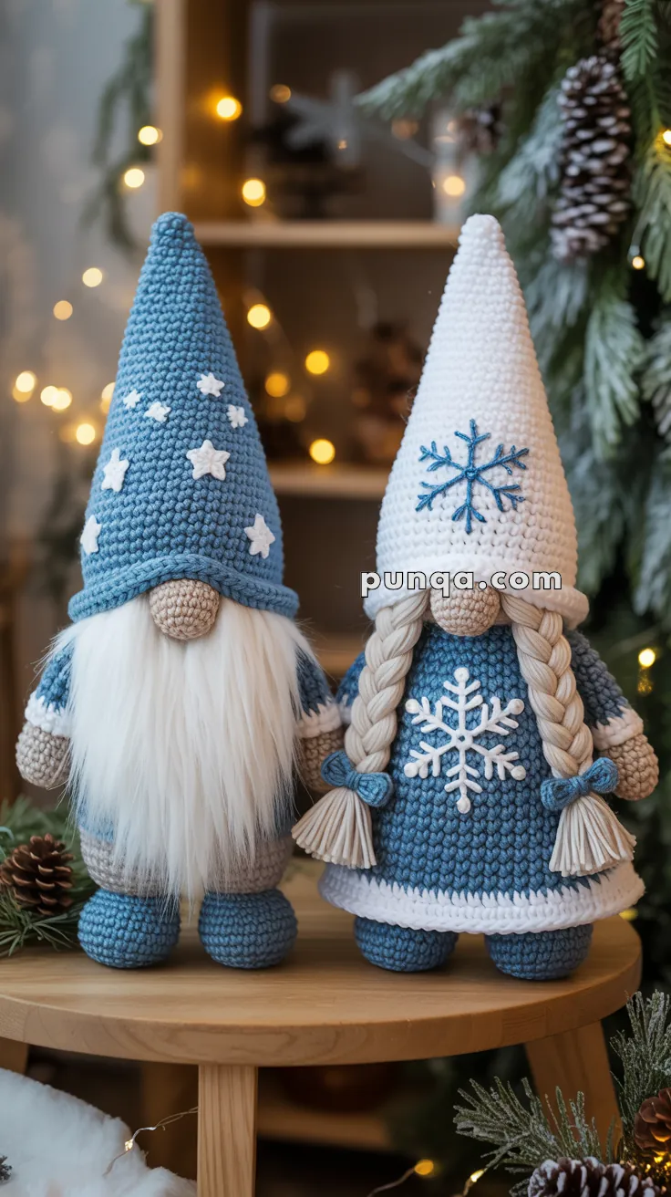 Two crocheted gnome plushies with tall hats are displayed on a wooden table. The gnome on the left has a blue hat with white stars and a white beard, while the gnome on the right has a white hat with a blue snowflake and braided hair. The background is decorated with pine branches and warm string lights, creating a cozy winter atmosphere.
