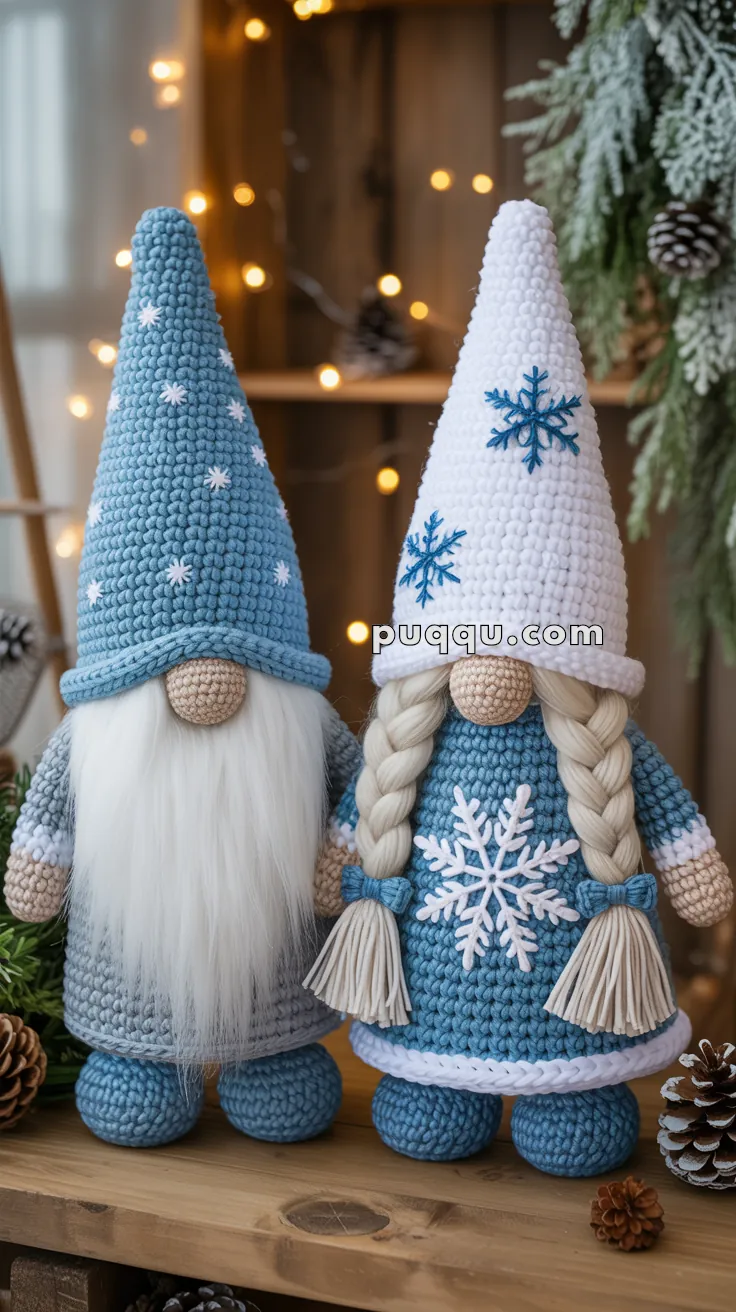Two crocheted gnome figures, one with a blue hat and long white beard, and the other with a white hat and braided hair, both decorated with snowflake motifs, stand side by side against a festive, warmly lit backdrop.