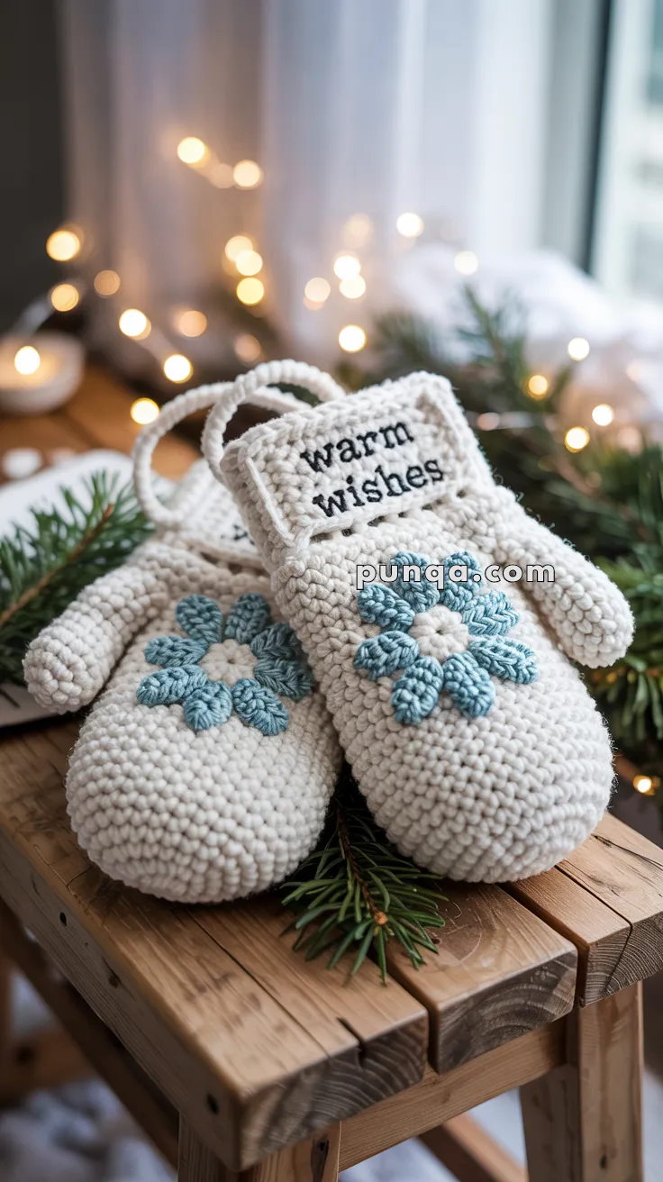 A pair of crocheted cream-colored mittens with blue floral designs and the words 'warm wishes' embroidered on the cuff, displayed on a wooden surface with pine branches and fairy lights in the background.
