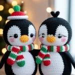 Two handmade crocheted penguin dolls wearing colorful scarves, one with a knitted hat, standing on a wooden table with blurred festive lights in the background and snowflake decorations in the air.
