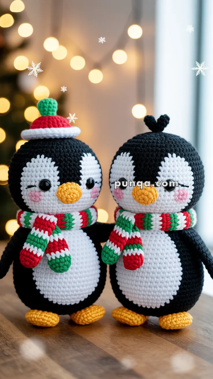 Two handmade crocheted penguin dolls wearing colorful scarves, one with a knitted hat, standing on a wooden table with blurred festive lights in the background and snowflake decorations in the air.