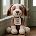A knitted brown and white teddy bear dog sitting on a wooden bench in a hallway, wearing a sign that says 'Wipe Your Paws.'