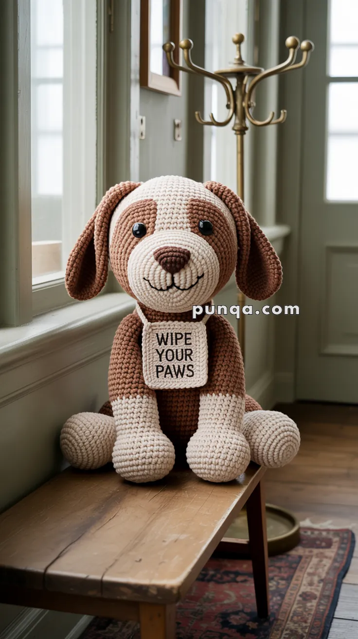 A knitted brown and white teddy bear dog sitting on a wooden bench in a hallway, wearing a sign that says 'Wipe Your Paws.'