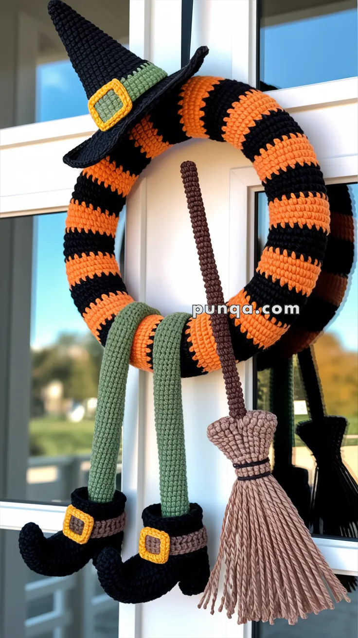 A crocheted wreath resembling a witch with a black and orange striped hat and legs, featuring black boots with yellow buckles and a brown broom hanging on a door.