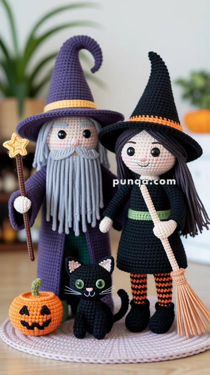 Crocheted figures of a wizard and a witch standing next to a black cat, an orange pumpkin, and each holding a staff and broom respectively, all on a circular mat with a blurred background.