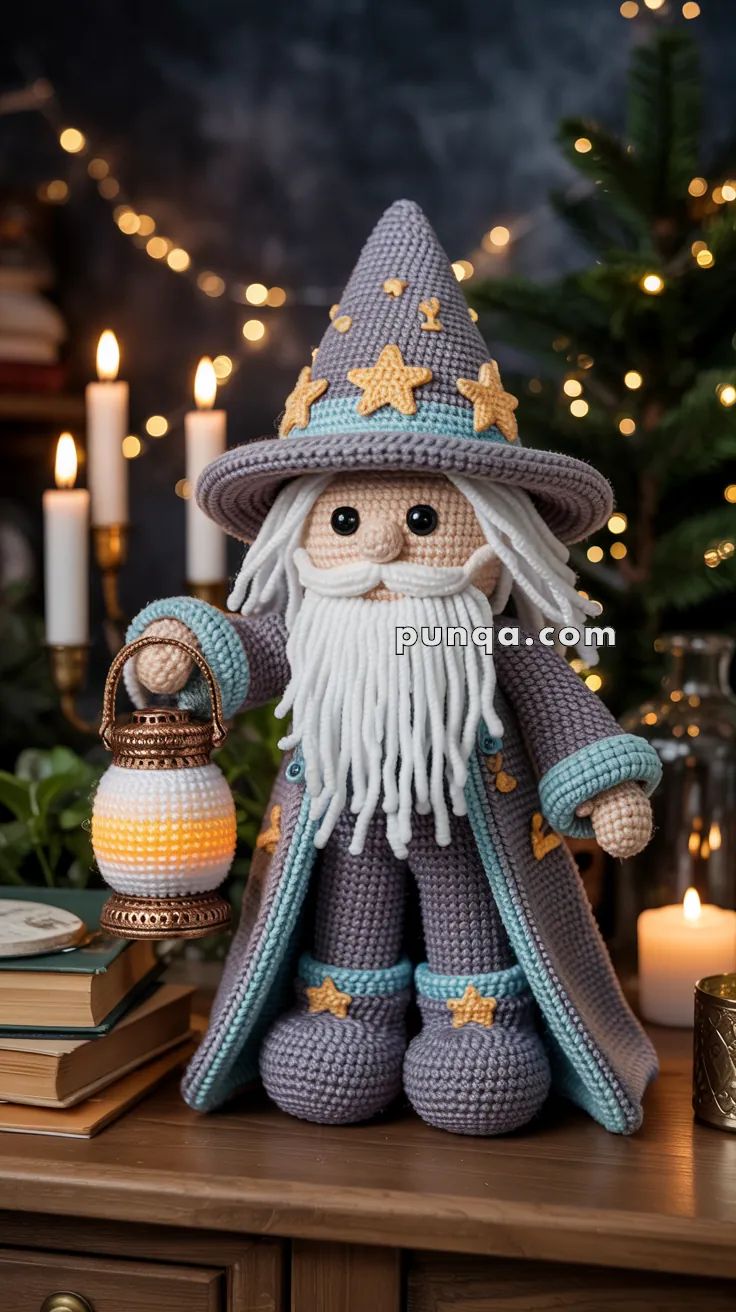 A crocheted wizard doll with a long white beard, wearing a pointed hat adorned with stars, and holding a small lantern, standing on a wooden table surrounded by books and candles.