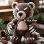 A crocheted brown bear toy with white eyebrows and claws, sitting on a wooden table surrounded by pine cones and greenery, with a sign labeled "Northwoods" nearby.