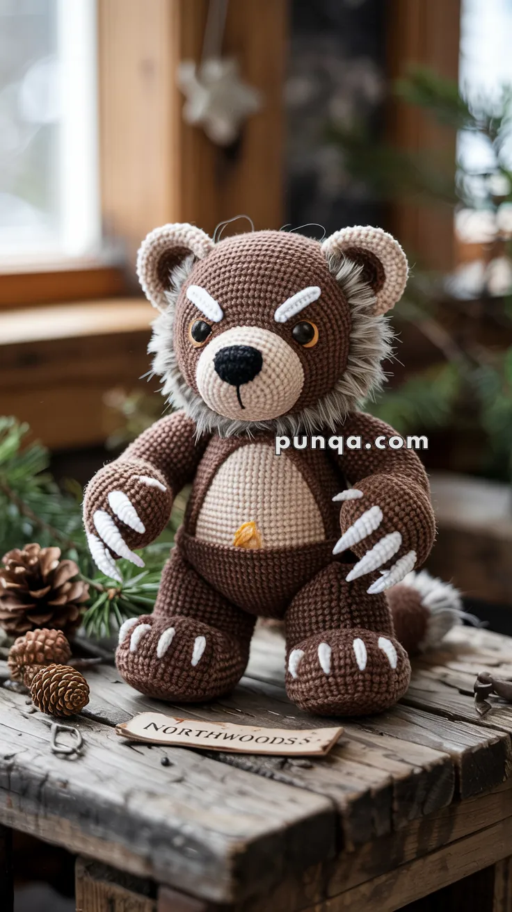 A crocheted brown bear toy with white eyebrows and claws, sitting on a wooden table surrounded by pine cones and greenery, with a sign labeled "Northwoods" nearby.