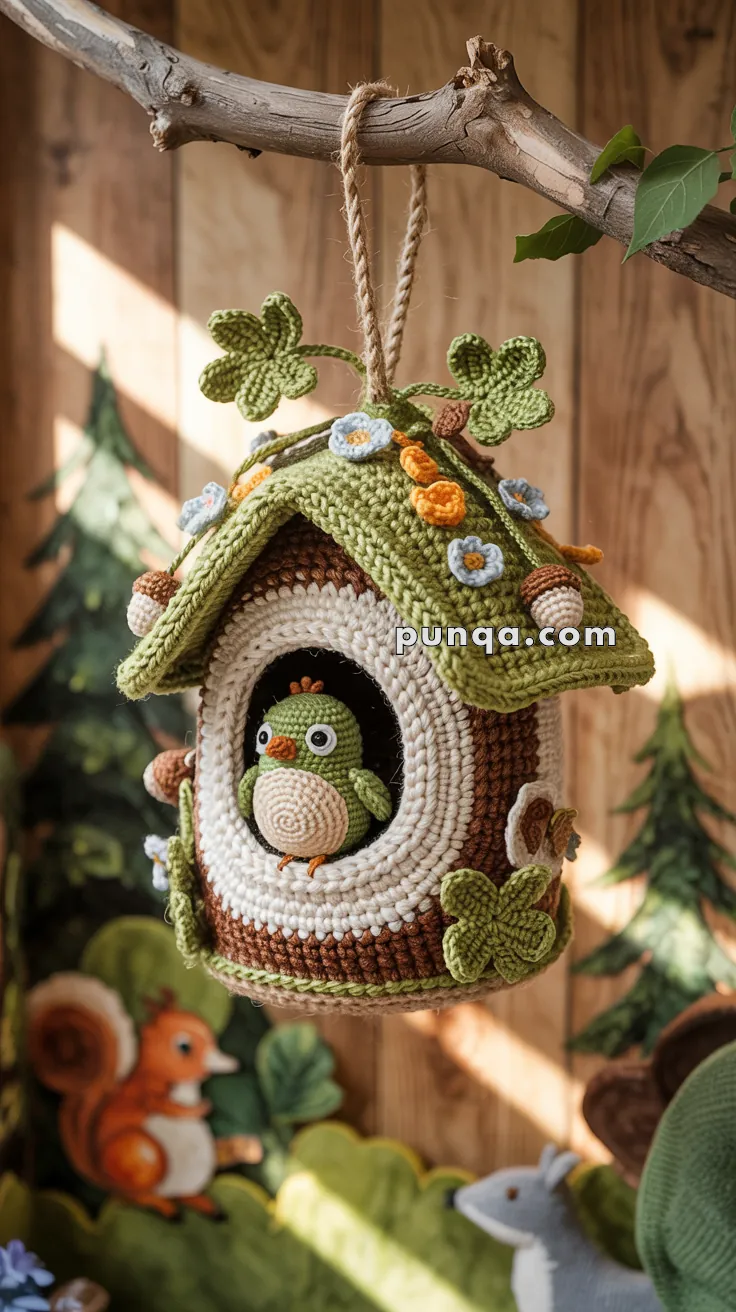 A crocheted birdhouse hanging from a branch, adorned with colorful flowers and leaves, featuring a small crocheted bird peeking from the entrance.