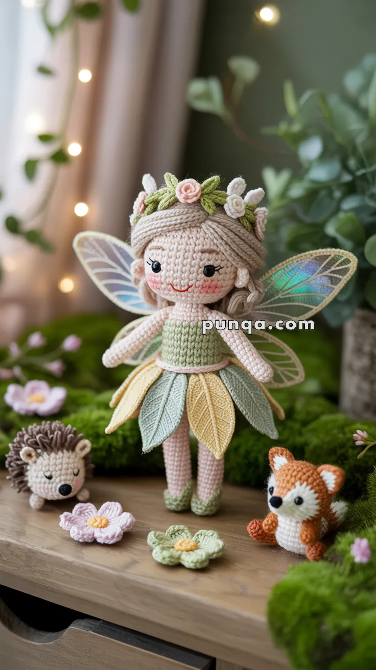A crocheted fairy doll with colorful wings and a floral crown stands on a wooden surface, surrounded by two small amigurumi animals, a hedgehog and a fox, as well as crochet flowers, with a blurred natural background.