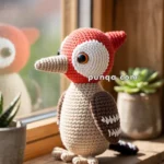 A crocheted woodpecker bird figure resembling a woodpecker with a red head, white eyes, and brown body sitting on a wooden windowsill, with a reflection visible in the window.