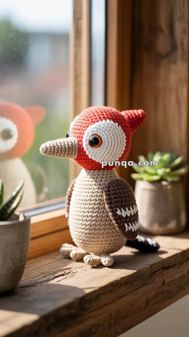 A crocheted woodpecker bird figure resembling a woodpecker with a red head, white eyes, and brown body sitting on a wooden windowsill, with a reflection visible in the window.