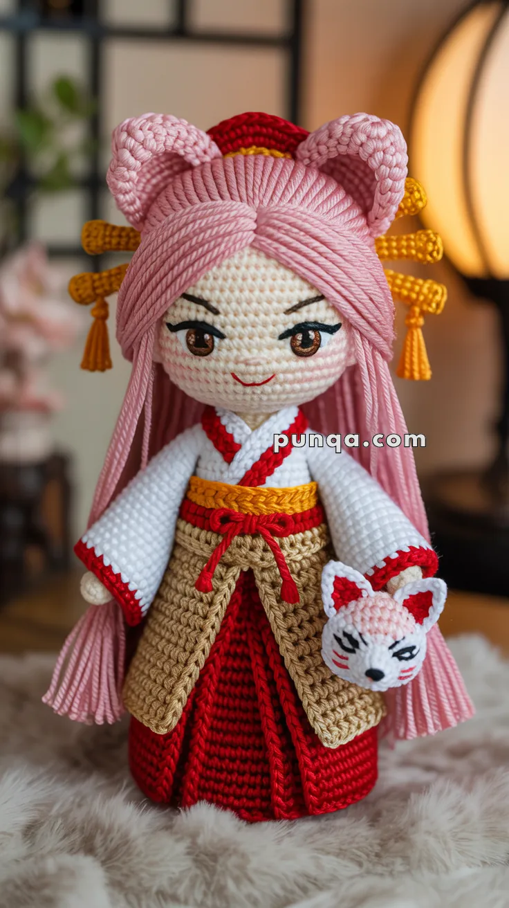 Crocheted doll with pink hair styled in two buns, wearing a traditional outfit with red and beige colors, and holding a small fox mask, with an Asian-inspired interior setting in the background.