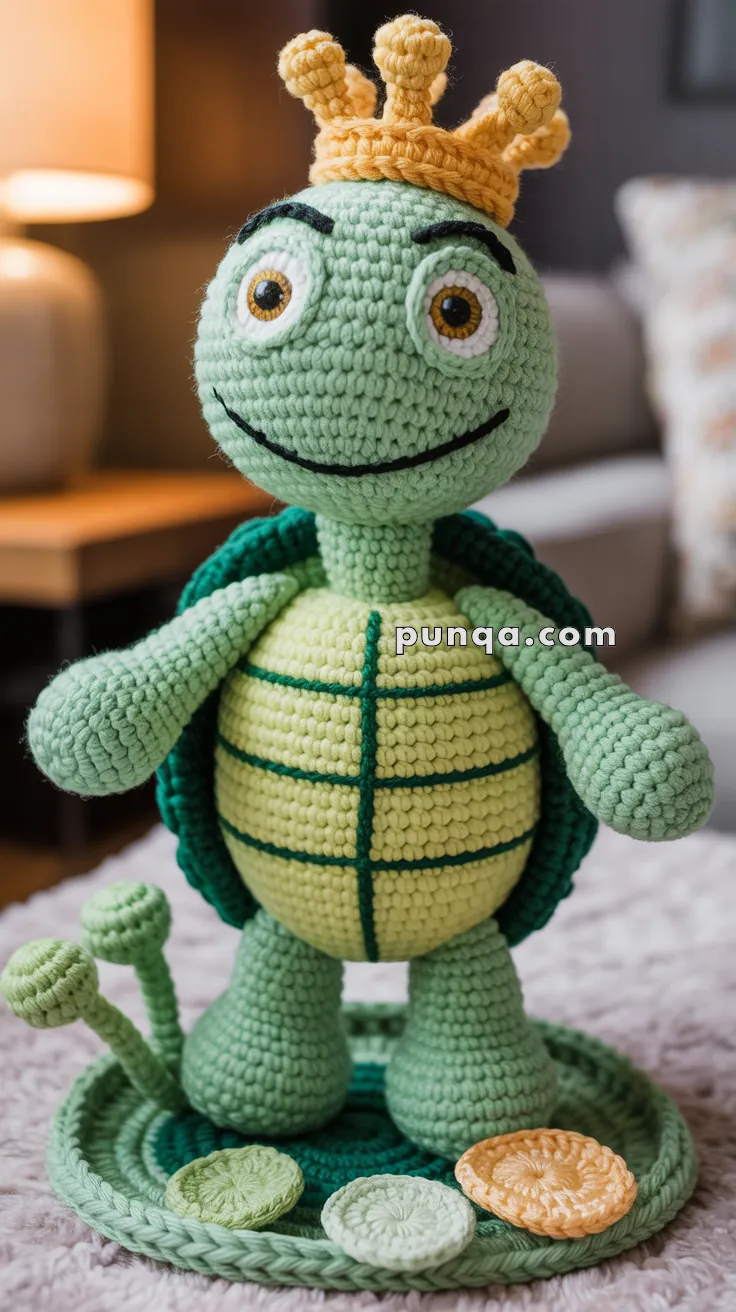 A crocheted turtle figurine wearing a yellow crown, with a green shell and a yellow belly, stands on a circular, textured platform with various small knitted discs placed around it.