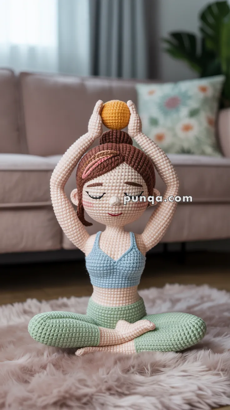 A crocheted doll in a yoga pose, sitting cross-legged on a fluffy rug, with arms raised holding a small orange ball, wearing a blue top and green pants.