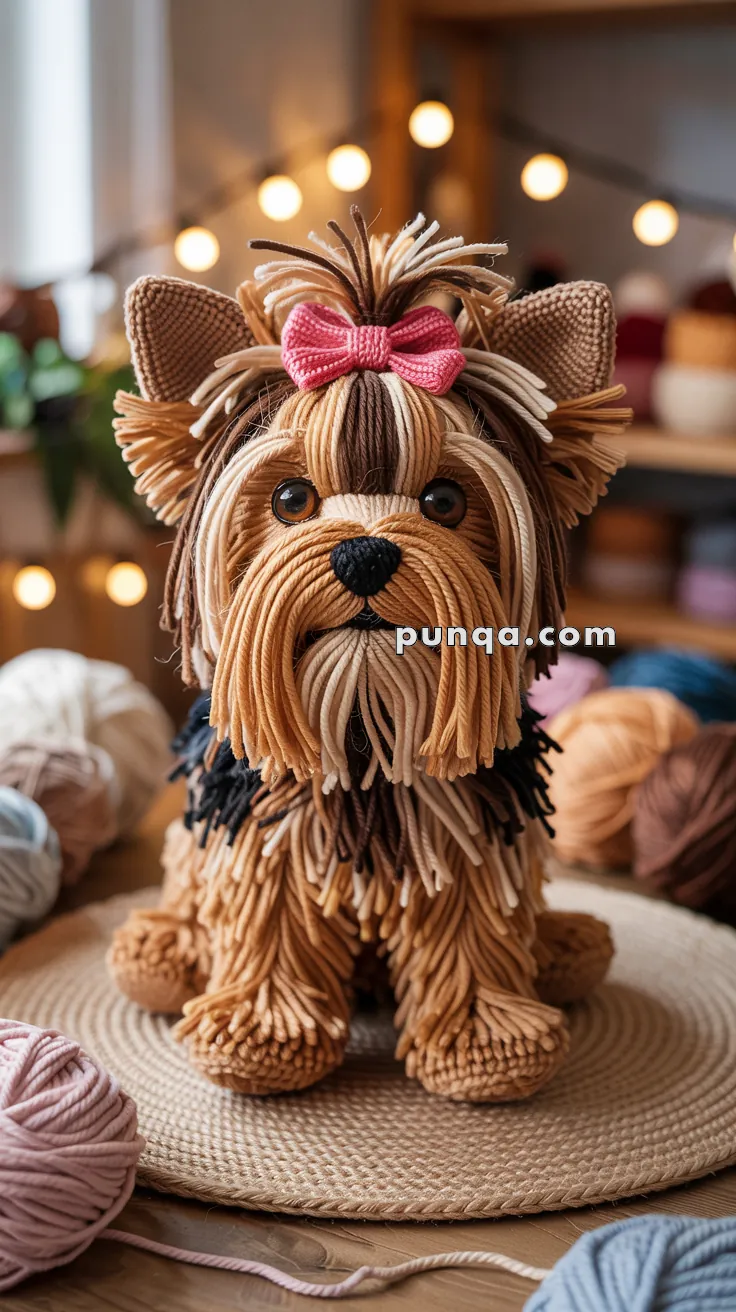 A handcrafted dog made from yarn, resembling a Yorkshire Terrier, with intricate details and a pink bow on its head, surrounded by various colored yarn balls on a woven mat.