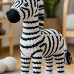 A crocheted zebra toy with black and white stripes, standing on a round woven mat in a room with blurred background furniture.