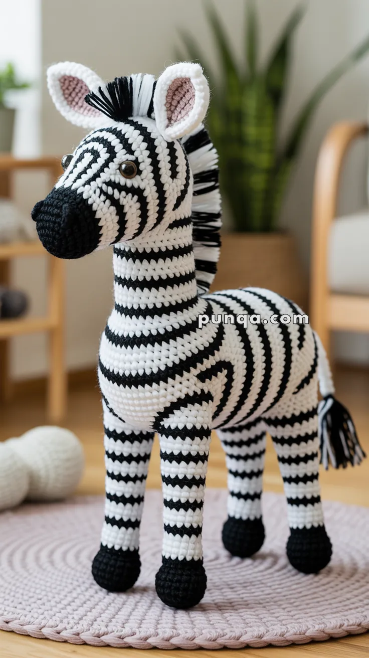 A crocheted zebra toy with black and white stripes, standing on a round woven mat in a room with blurred background furniture.