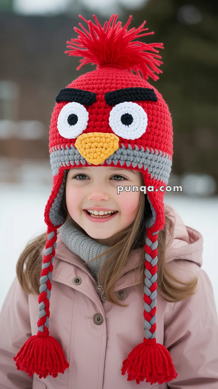 A smiling child wearing a crocheted red hat resembling a character with eyes and a beak, featuring long red and gray braided tassels, standing in a snowy outdoor setting.