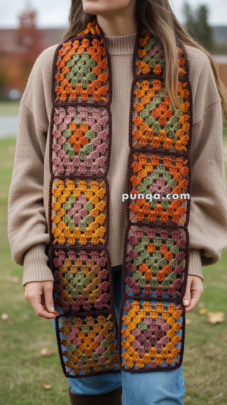 A person wearing a beige sweater holds a colorful crocheted granny square scarf with squares featuring orange, green, pink, and brown yarns.