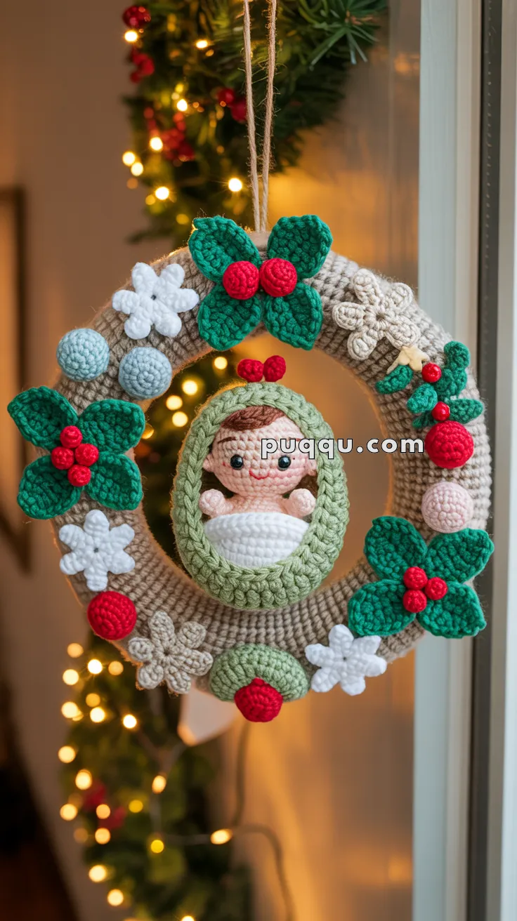 A crocheted Christmas wreath with green leaves, red berries, white flowers, and a central figure of a baby in a swaddle, hanging near a window with festive lights in the background.
