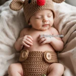 A sleeping baby dressed in a knitted reindeer outfit, featuring a hat with antlers and a red nose, brown shorts with buttons, and booties with red bows, lying on a soft blanket near a Christmas tree.