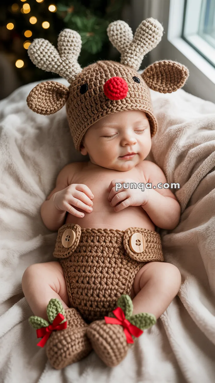 A sleeping baby dressed in a knitted reindeer outfit, featuring a hat with antlers and a red nose, brown shorts with buttons, and booties with red bows, lying on a soft blanket near a Christmas tree.