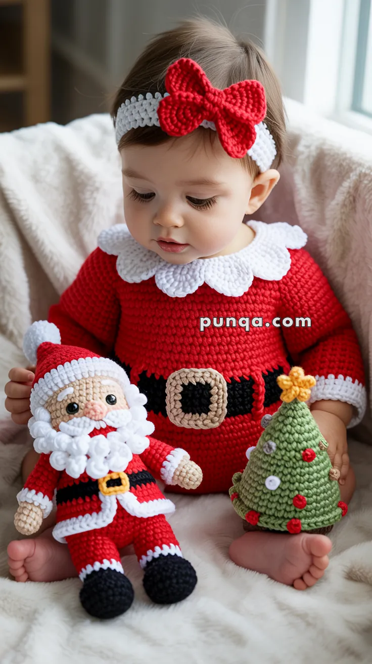 A baby dressed in a red crocheted Santa outfit with a white collar sits holding a crocheted Santa toy and a small crocheted Christmas tree, wearing a red bow headband.