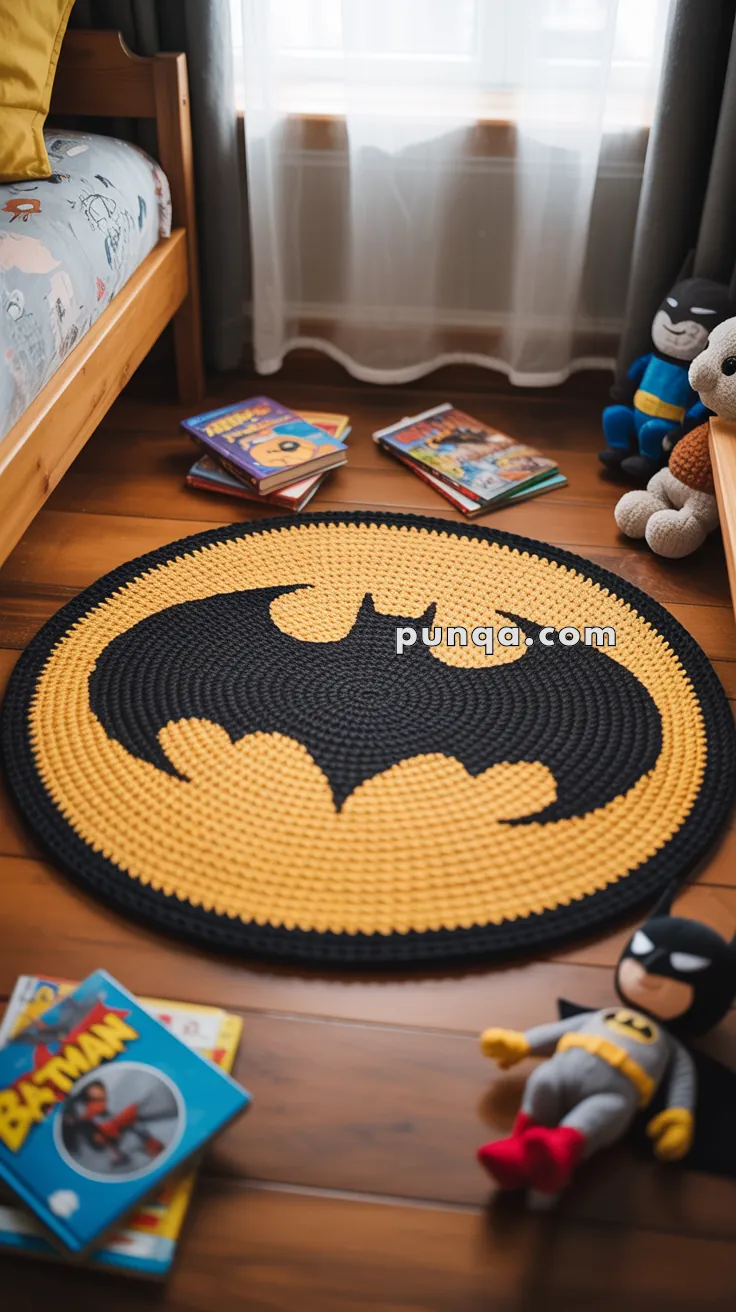 A circular crocheted rug with a black Batman logo on a yellow background is placed on a wooden floor, surrounded by children's books and a Batman plush toy.