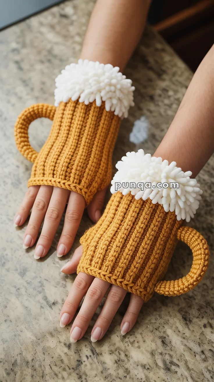 Hands wearing knitted mittens shaped like beer mugs with foam design on top.
