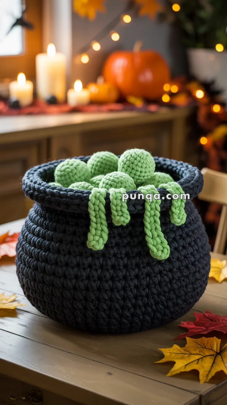 A crocheted black cauldron filled with green yarn balls and green yarn tendrils, placed on a wooden table with autumn decorations and a blurred background featuring candles and a pumpkin.