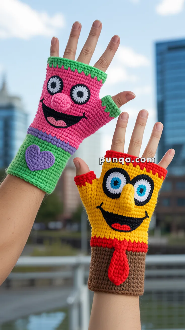Crocheted fingerless gloves with colorful cartoon character faces; one glove is pink and green with a heart, the other is yellow and brown with red and black details.