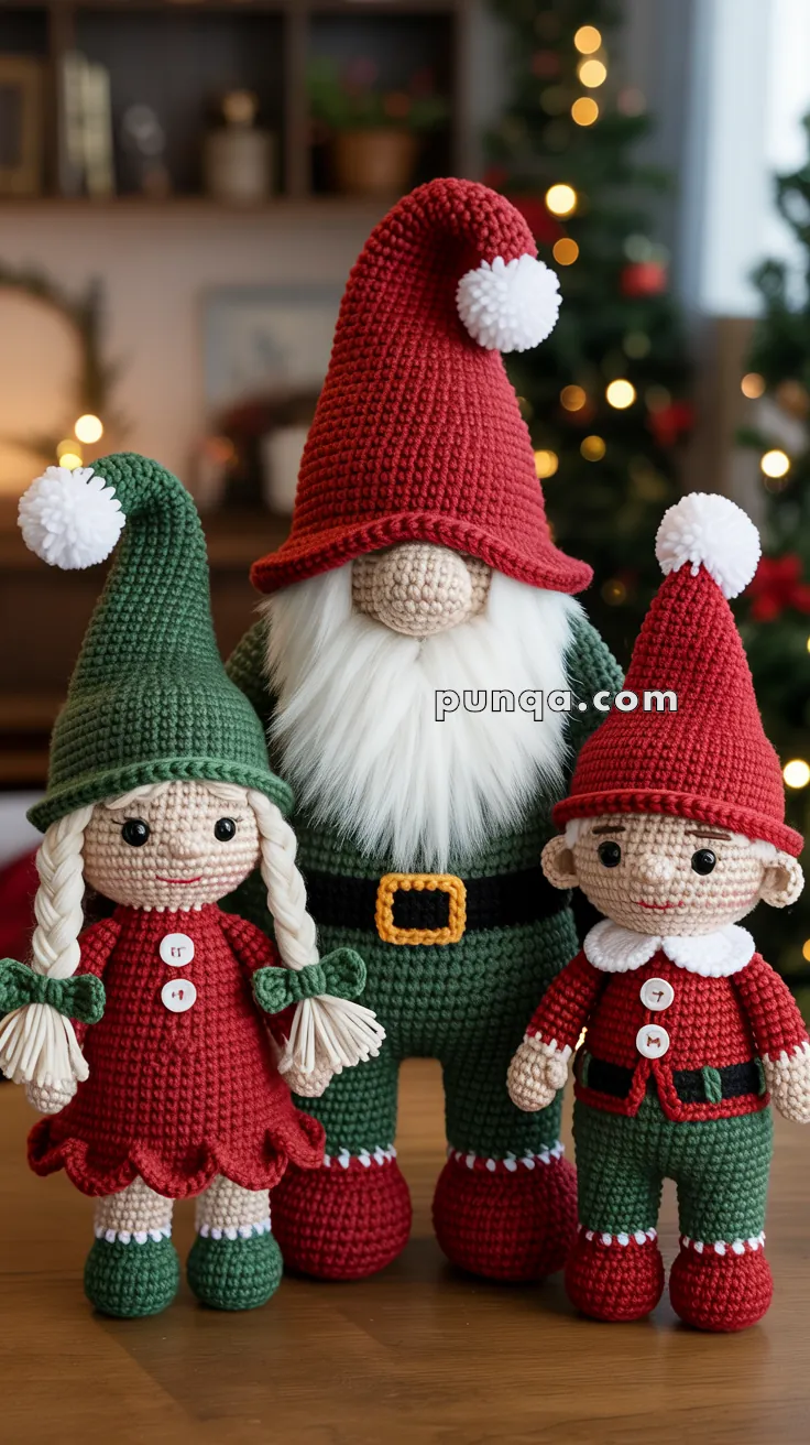 Three crocheted Christmas figures, including a gnome with a red hat and white beard, a doll with green hat and red dress, and an elf with a red outfit and green pants, are displayed on a wooden surface with a festive holiday background.