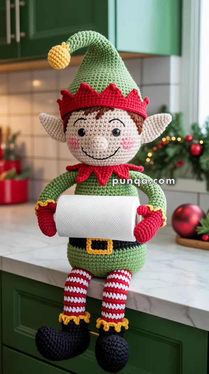 A crocheted elf doll wearing a green outfit with a red collar and hat, holding a roll of paper towels, sits on a kitchen countertop decorated with festive holiday ornaments.