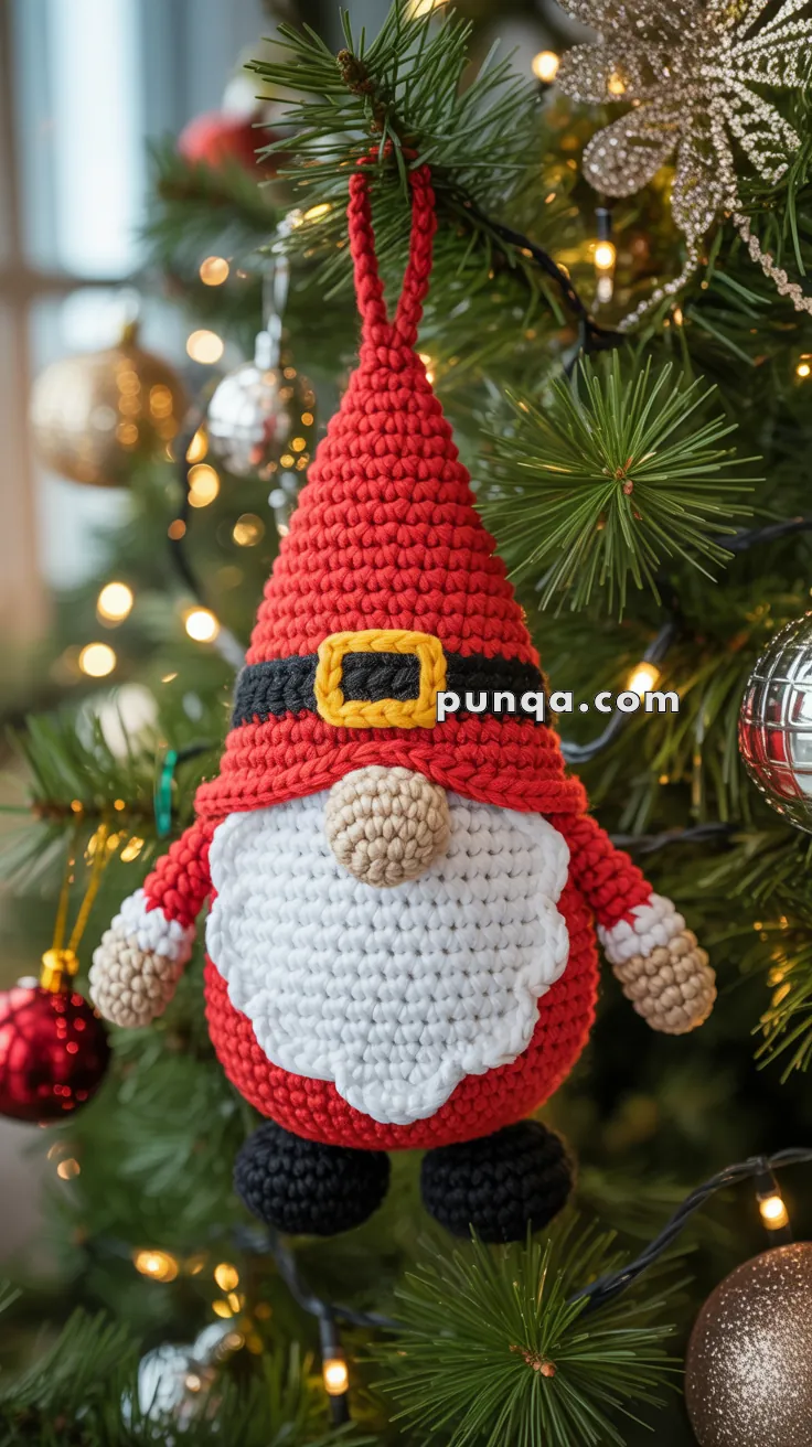 A crocheted gnome ornament with a red hat, white beard, and black boots, hanging on a decorated Christmas tree.