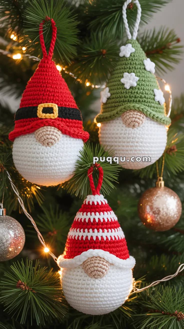 Three crocheted gnome ornaments hanging on a Christmas tree, each with a distinctive hat: one red with a belt buckle, one green with white stars, and one red and white striped.