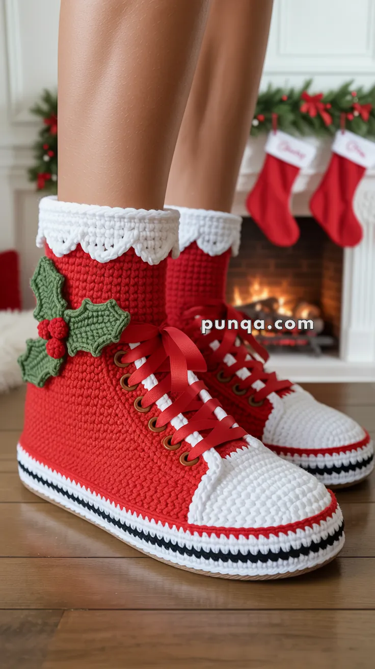 A pair of red and white knitted Christmas-themed sneakers with holly leaf decorations and red laces, worn indoors with a holiday-decorated background including stockings and a fireplace.