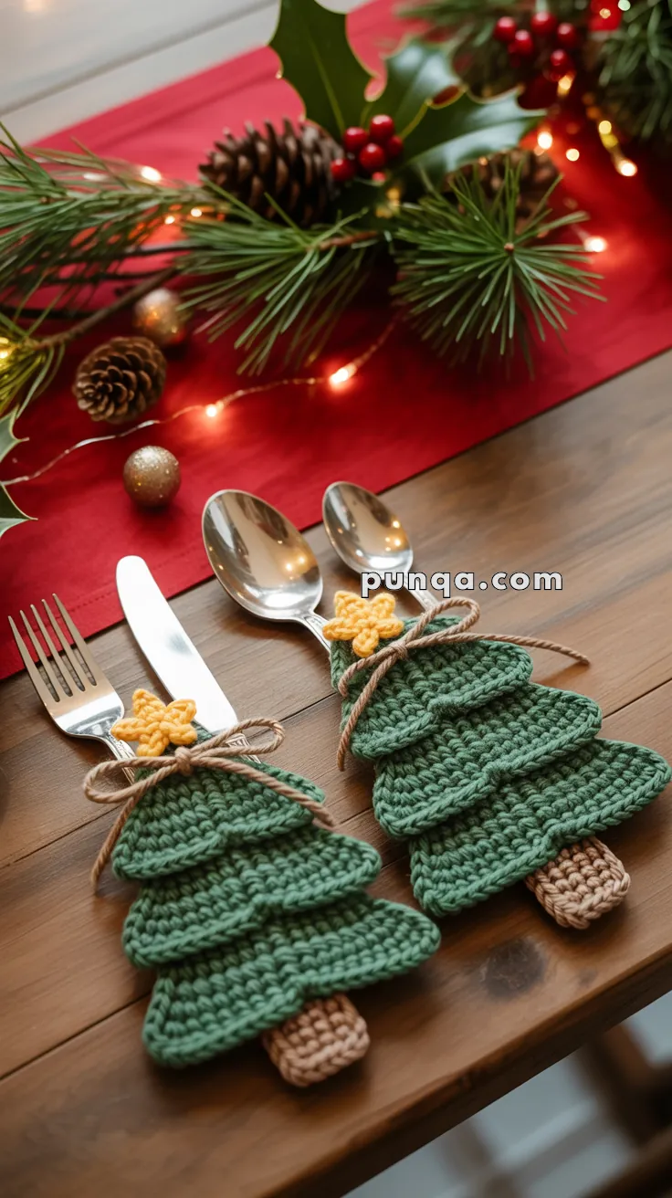 Table setting with forks and spoons placed on knitted Christmas tree-shaped holders, alongside festive decorations including pinecones and holly on a red runner.