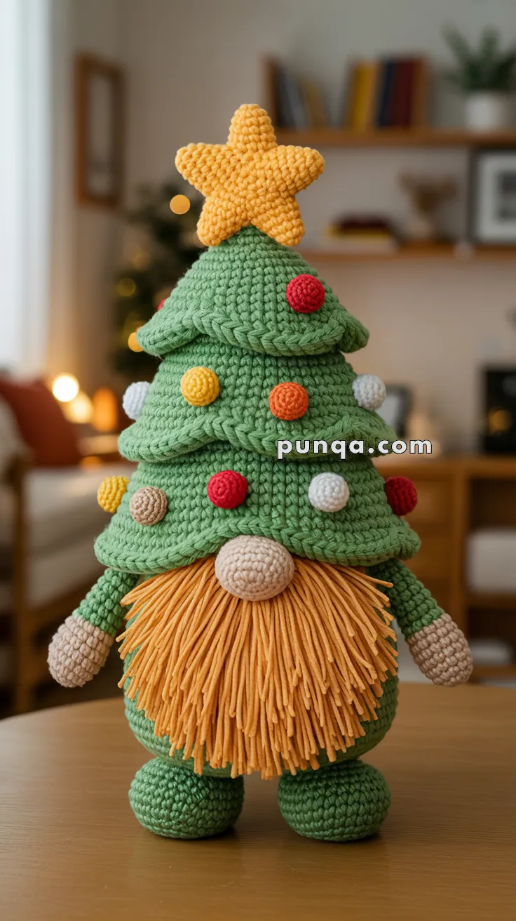 A crochet gnome designed like a Christmas tree, adorned with a yellow star on top and colorful balls, standing on a wooden table in a cozy room.