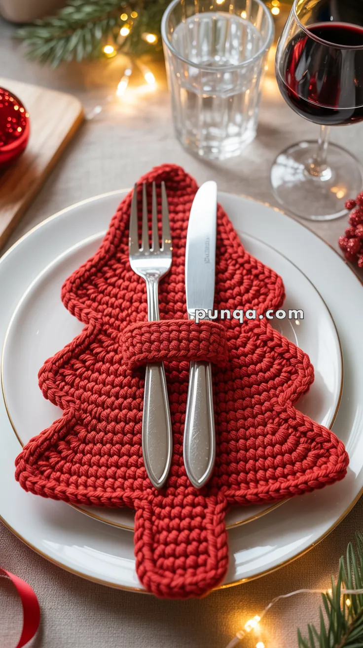 A festive table setting featuring a red crocheted Christmas tree-shaped napkin holding a fork and knife, placed on a white plate, with a glass of red wine and a water glass in the background.