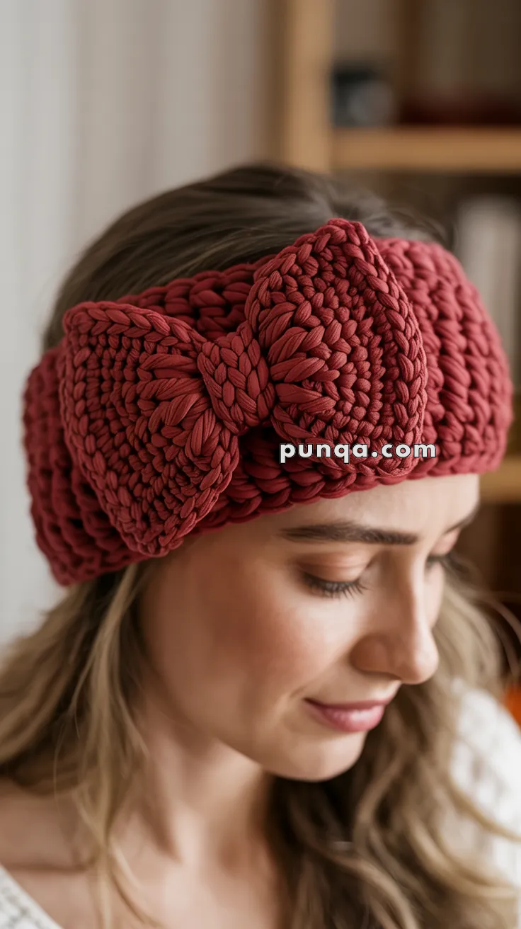 A woman wearing a maroon crocheted headband with a large bow, seen in profile.