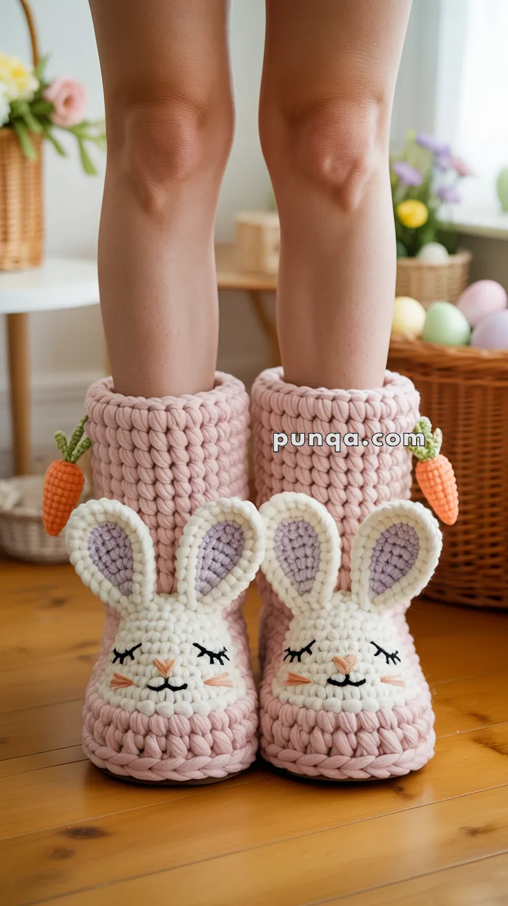 Pink knitted bunny slippers with floppy ears and carrot accents on a wooden floor.
