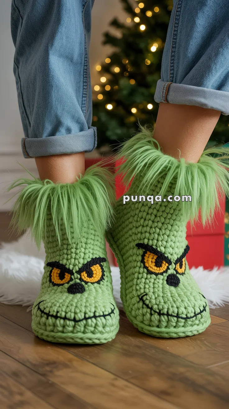 Green Grinch-themed slippers with fuzzy tops, featuring a mischievous face design, worn by a person in rolled-up jeans, standing near a Christmas tree.