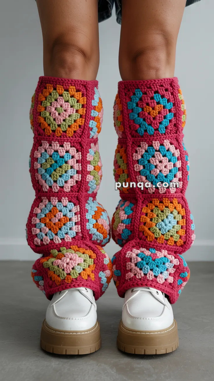A pair of legs wearing colorful crocheted leg warmers featuring square patterns in blue, pink, green, and orange over white platform shoes.