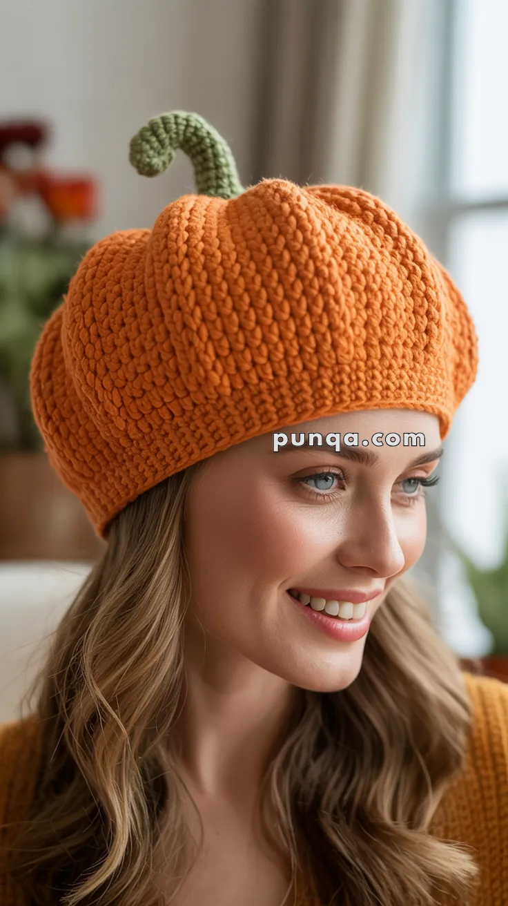 A person wearing a knitted orange pumpkin-shaped hat with a green stem.