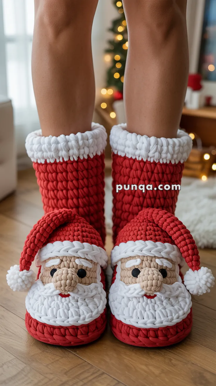 Person wearing knitted Santa Claus themed slippers with red and white colors, standing on a wooden floor with blurred Christmas decorations in the background.