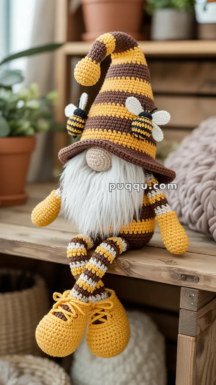 A crocheted gnome doll with a long beard, wearing a yellow and brown striped hat adorned with crochet bees, sitting on a wooden surface.