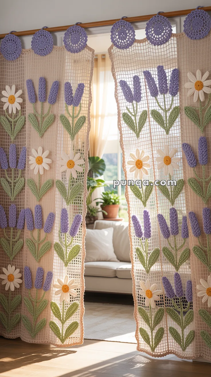 Crocheted curtains with lavender flowers and daisies, hanging in front of a sunlit room with potted plants and a white sofa in the background.